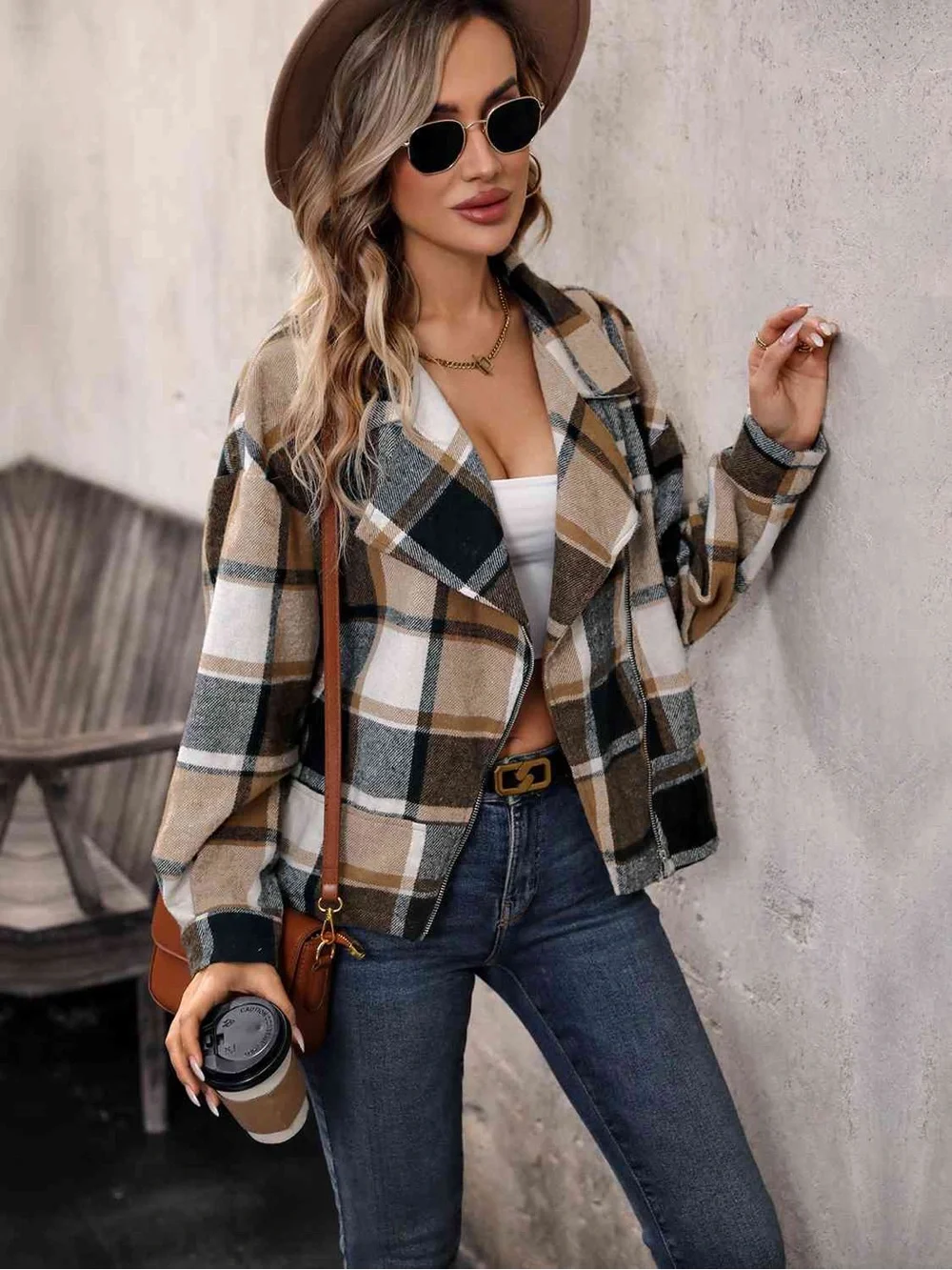 drape waterfalls Plaid Open-Front Jacket in Beige & Black - Women